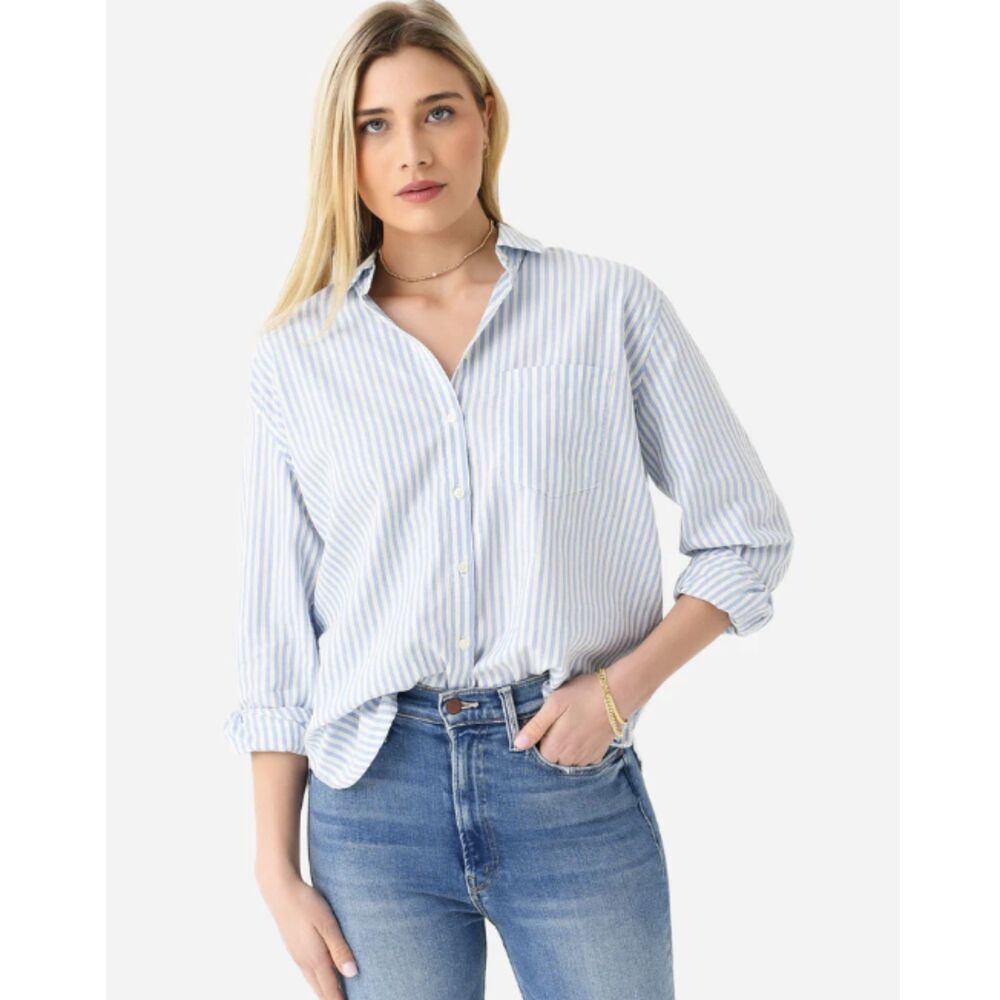 Trovata Blake Boyfriend Blue White Striped Cotton Button Down Shirt Top L NWT